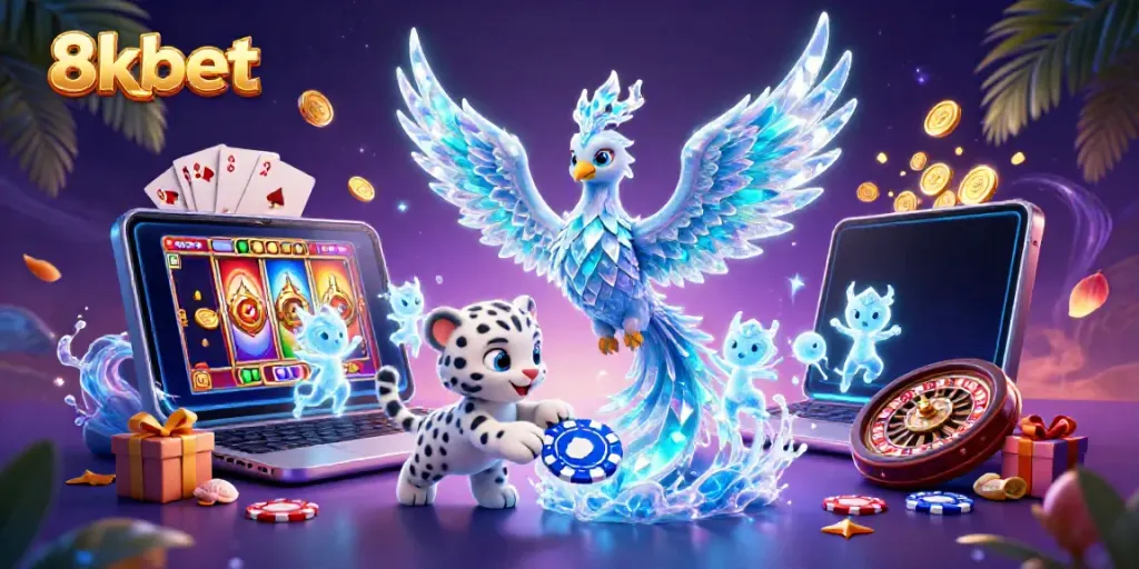 Join the fun with 8xbet as an ice phoenix and snow leopard celebrate with casino games.