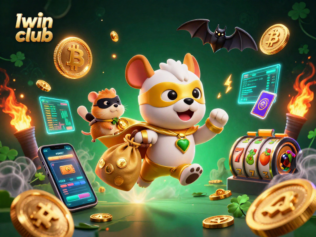 Iwin club brings luck and excitement with a superhero dog flying amidst vibrant slot symbols and crypto elements.
