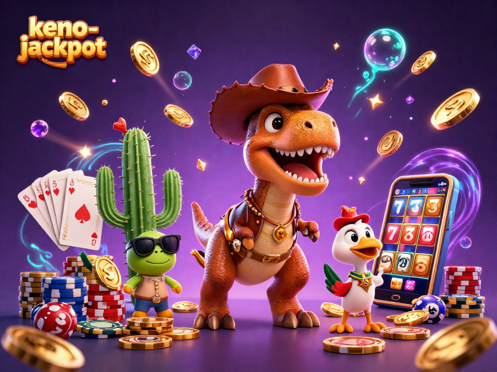 Engage in thrilling keno-jackpot games with a dynamic 3D illustration showcasing wealth and excitement.