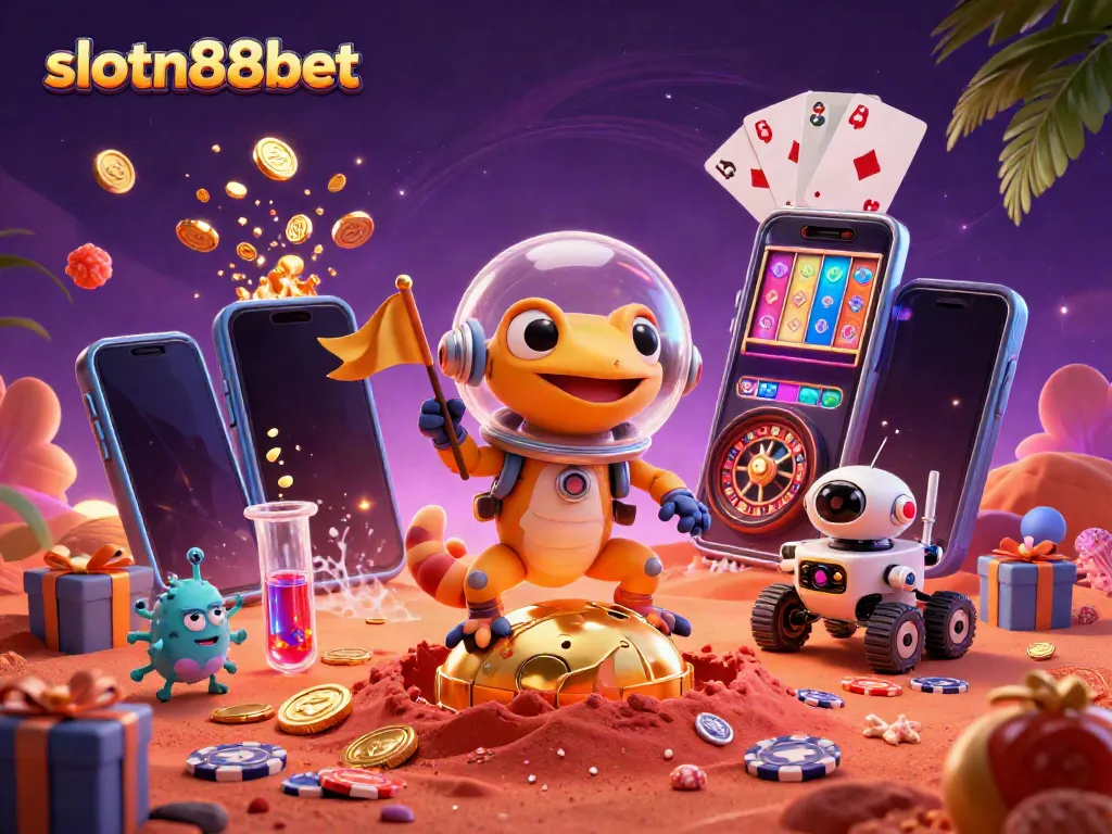 Experience the vibrant universe of slotn88bet with a Martian gecko exploring a buried casino.