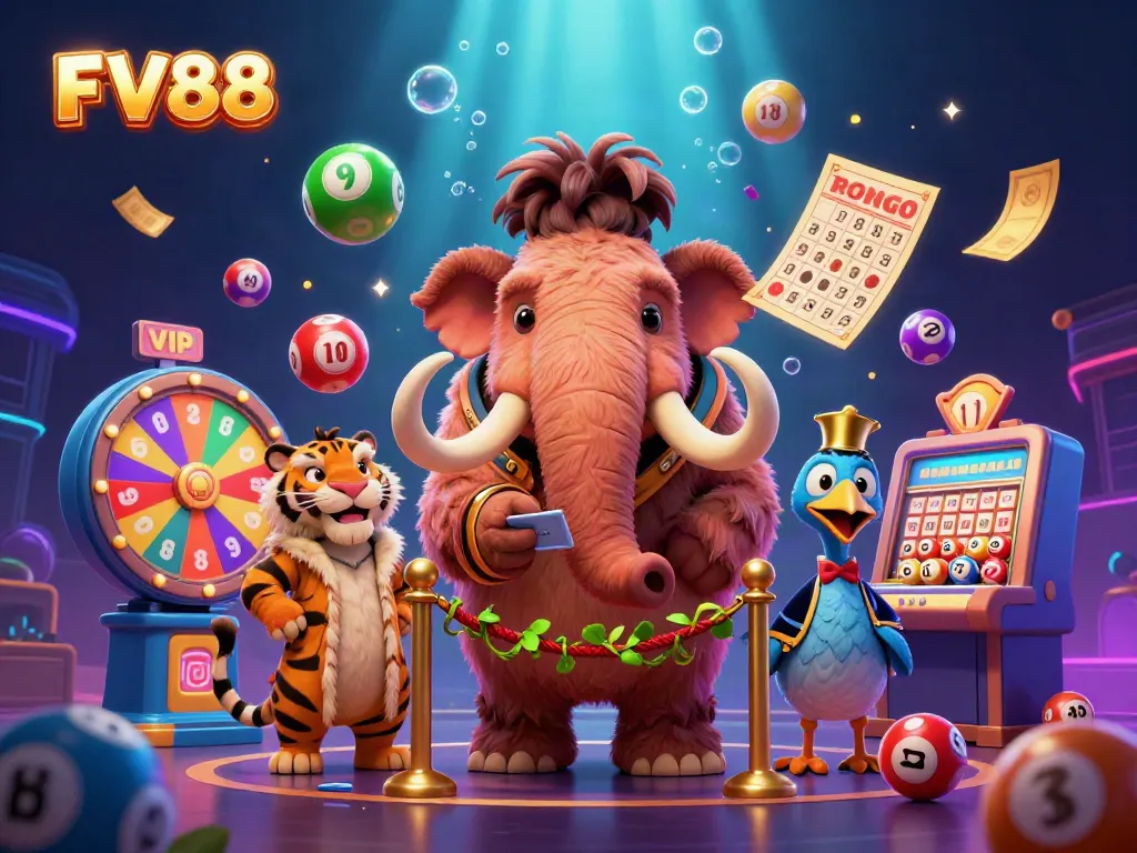 Join FV88 for exciting lottery games with a vibrant cartoon bouncer and a stylish saber-tooth VIP.