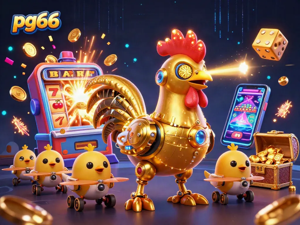 pg66 casino gaming illustration featuring a golden rooster robot amid slots and dice.