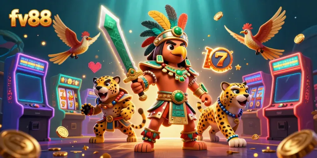 Experience thrilling slots and jackpots with fv88 in this dynamic 3D casino illustration.