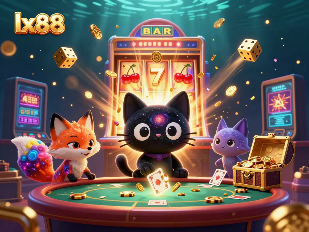 Experience the gaming thrill at lx88 with a dynamic cosmic casino scene filled with jackpots and vibrant characters.