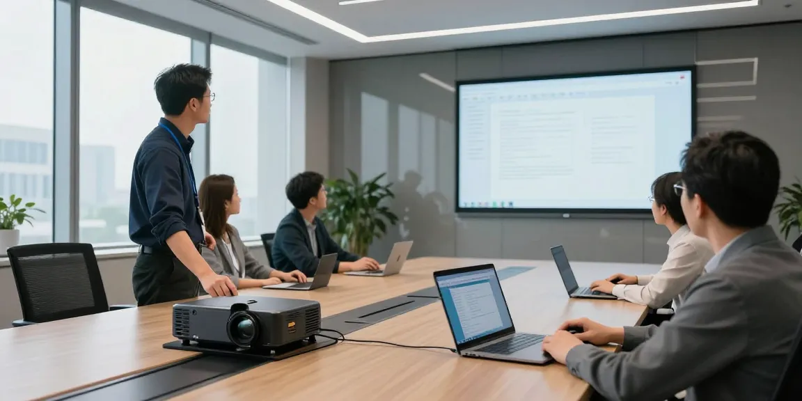 AV installation in a corporate conference room with technicians setting up audio and visual equipment.