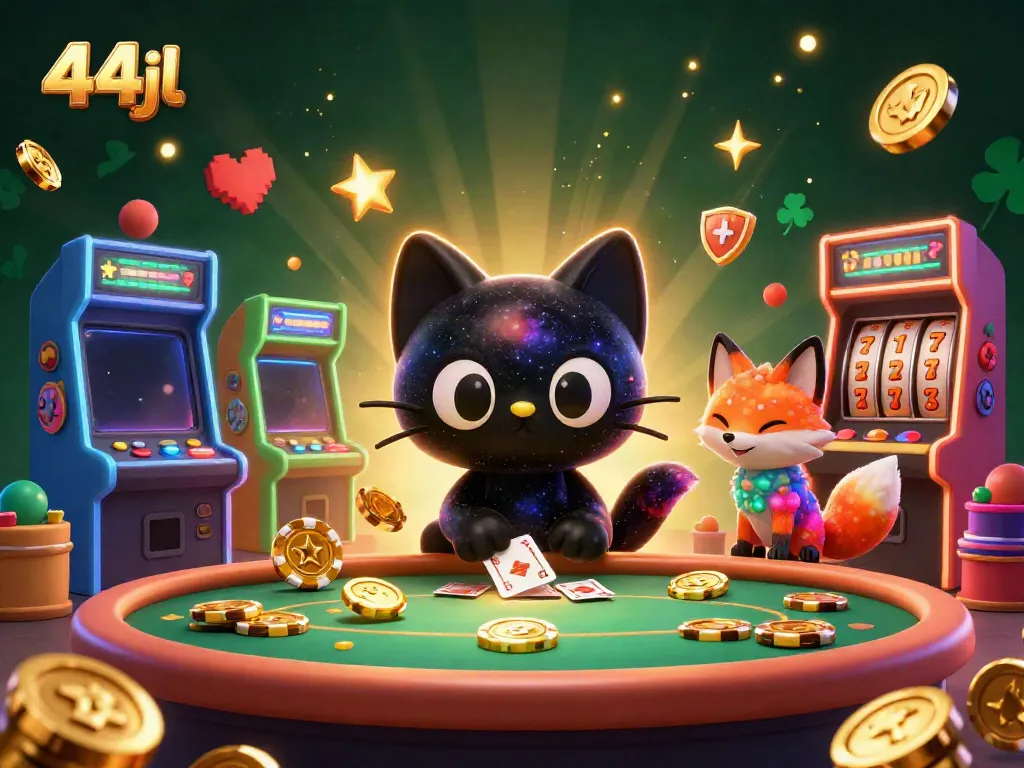 Engage in thrilling 44jl gameplay at a cosmic casino with a cartoon black hole cat and vibrant gaming elements.