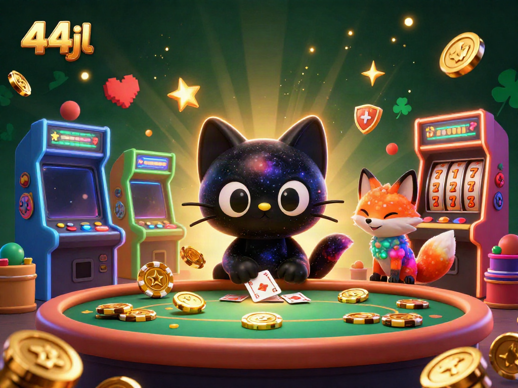 Engage in thrilling 44jl gameplay at a cosmic casino with a cartoon black hole cat and vibrant gaming elements.