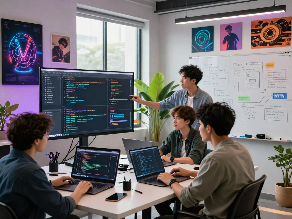 Diverse developers collaborating on an NSFW AI project in a vibrant tech workspace, showcasing coding and creativity.