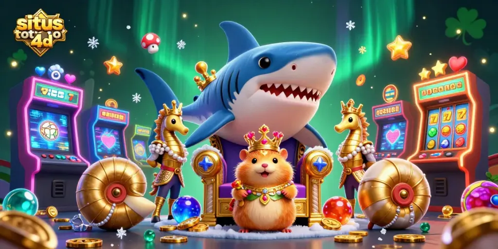 Engage with situs toto 4d through a colorful arcade-themed 3D casino scene featuring a golden hamster king.