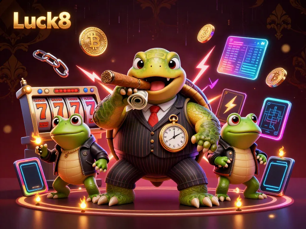 Experience the vibrant energy of Luck8’s dynamic casino scene with charming cartoon characters and exciting game elements.