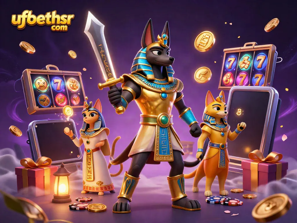 Engage with thrilling slots at ufabethsr com, featuring Anubis and Bastet surrounded by dynamic casino games.