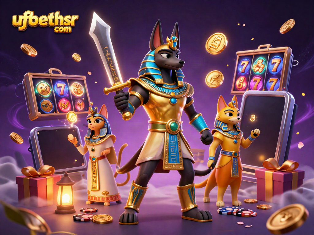 Engage with thrilling slots at ufabethsr com, featuring Anubis and Bastet surrounded by dynamic casino games.