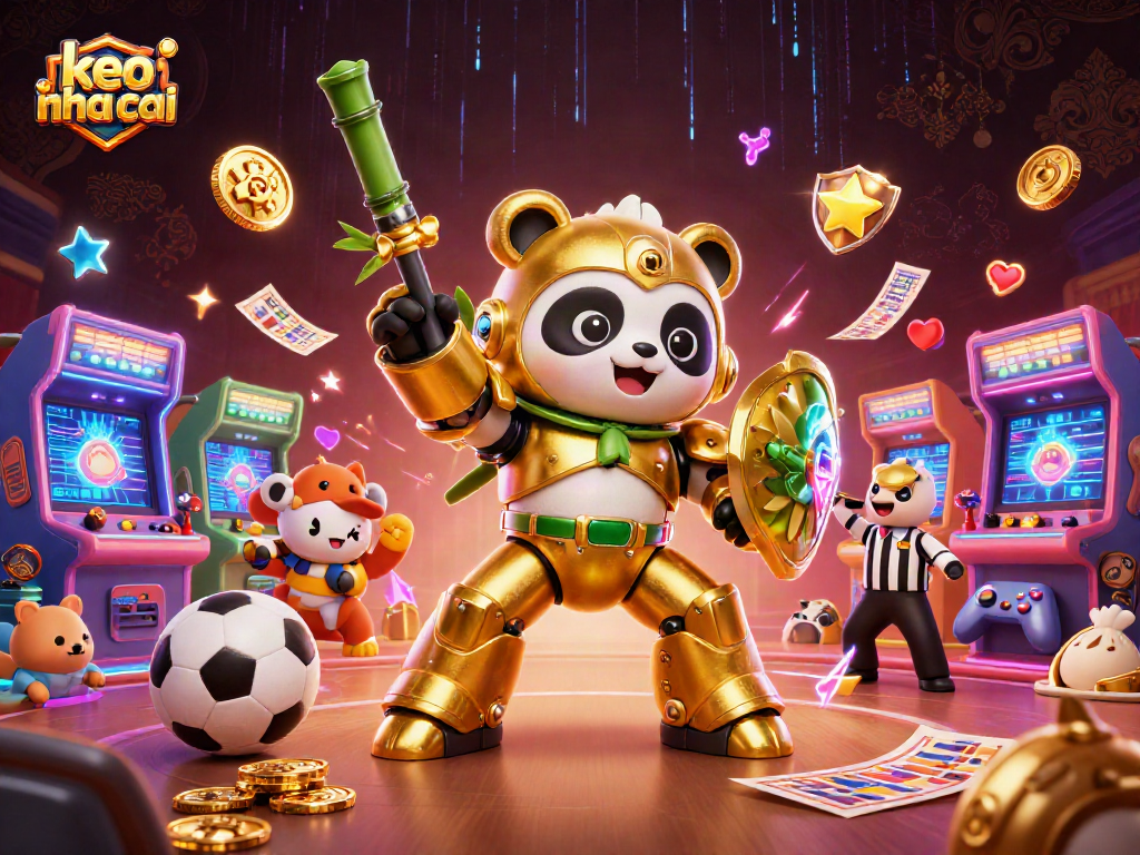 Engage with keo nha cai in a vibrant sports betting arena featuring a unique mech-suit panda.