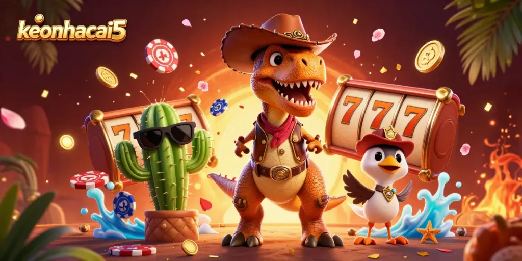 Engage with keonhacai5 through vibrant casino gaming visuals, featuring unique characters and slot elements.