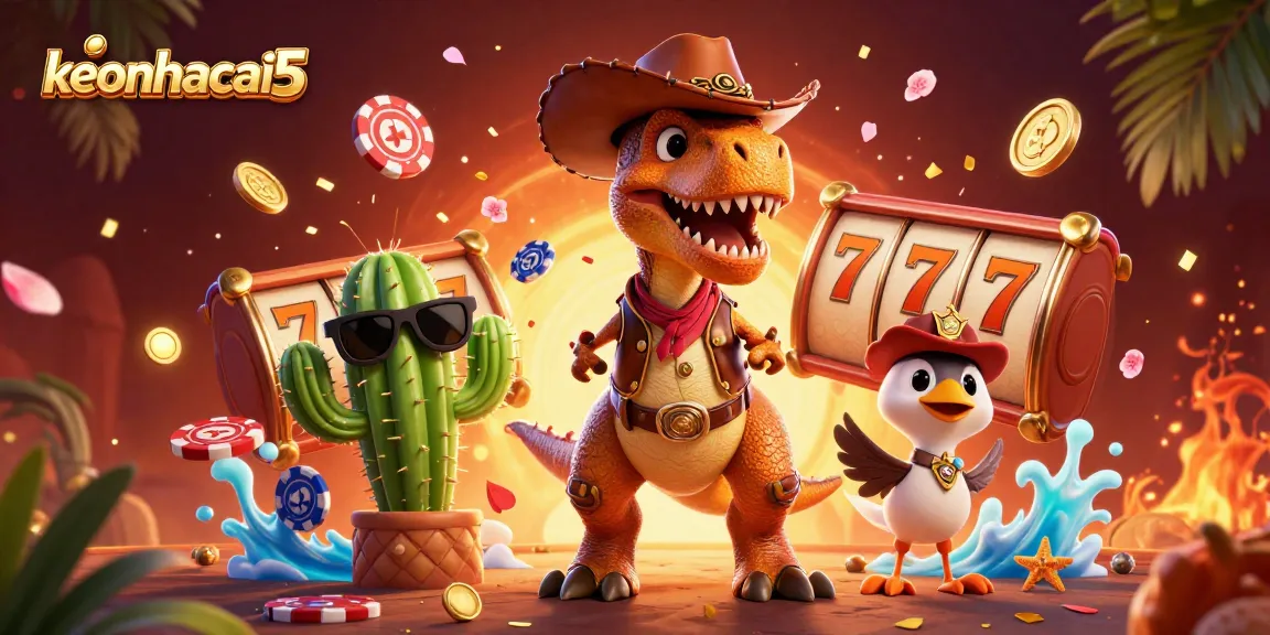 Engage with keonhacai5 through vibrant casino gaming visuals, featuring unique characters and slot elements.
