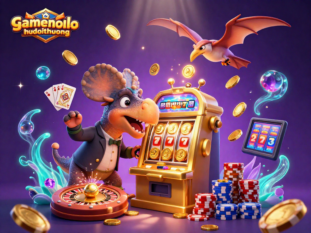 Experience gamenohudoithuong with a dinosaur winning jackpots from a golden slot machine amid cascading coins.