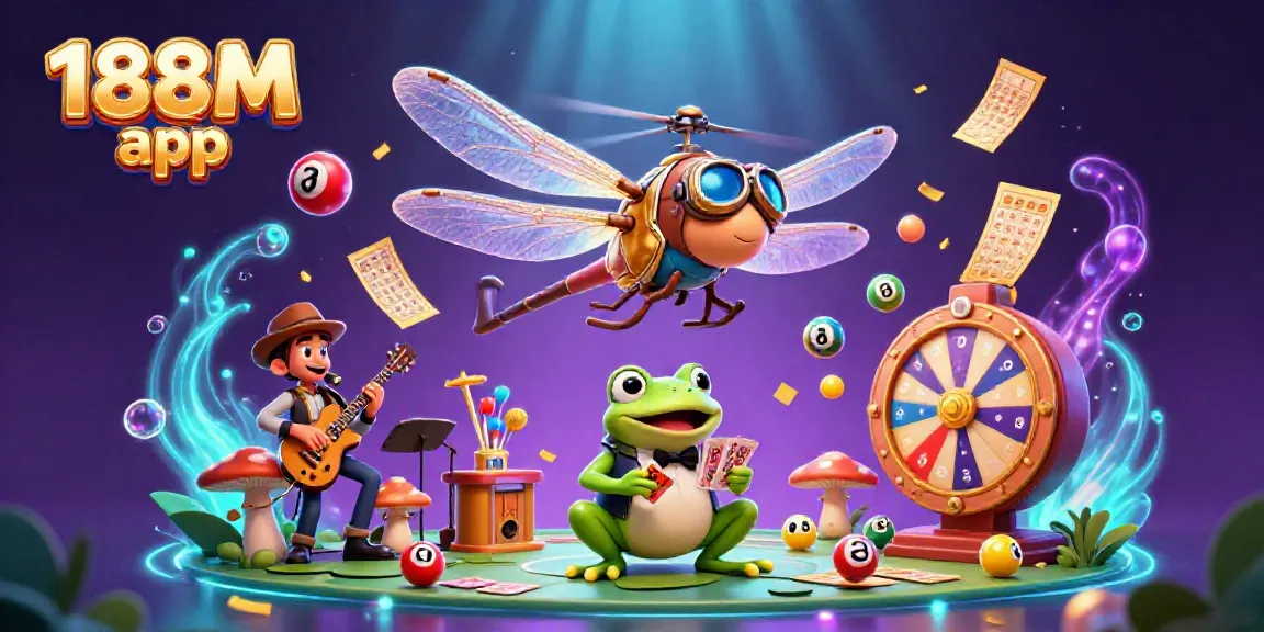 Engage with the action of the 188M app as a dragonfly pilot and frog croupier create a vibrant casino scene.