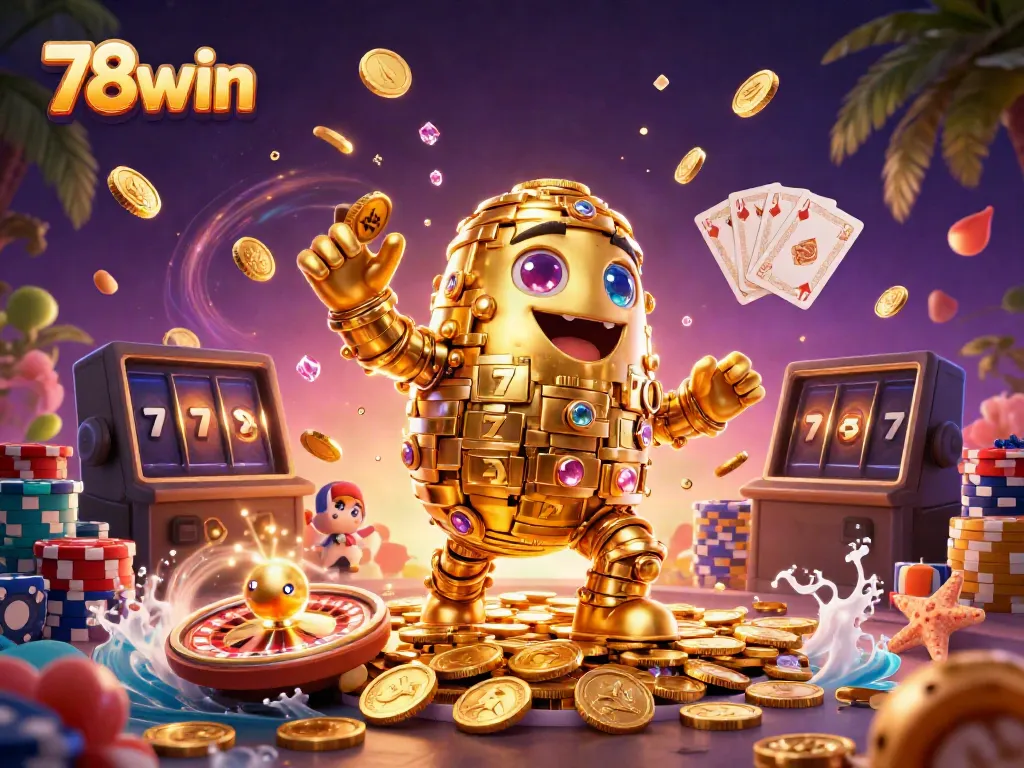 Engage in thrilling gameplay at 78win with a vibrant, packed casino scene featuring golden golem and casino symbols.