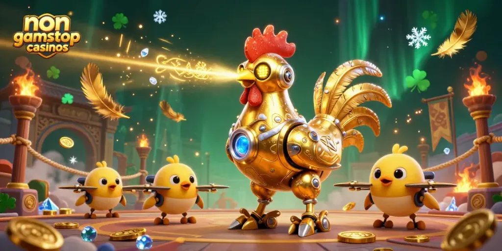 Experience thrilling action at non gamstop casinos with vibrant 3D illustration of our golden rooster robot.