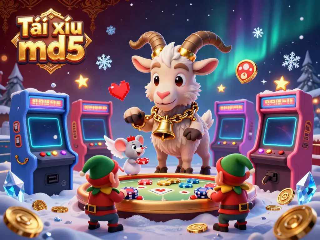 Tài xỉu md5 illustrated in a festive casino scene, showcasing Krampus and elf gremlins in action.