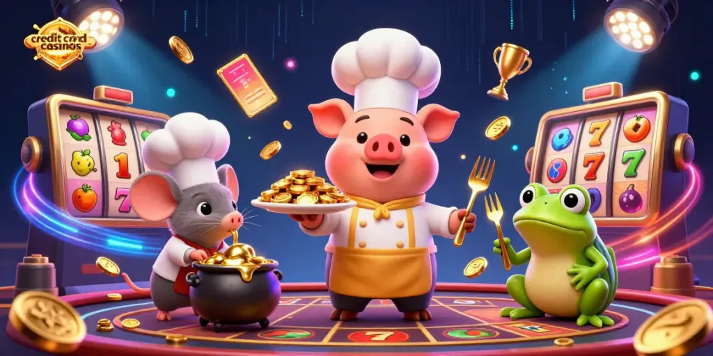 Experience the excitement of credit card casinos with a vibrant scene of whimsical characters and gaming elements.