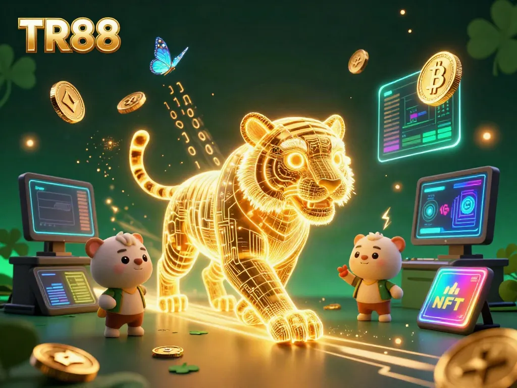 Experience TR88 with vibrant 3D visuals of gaming excitement and cryptocurrency elements.