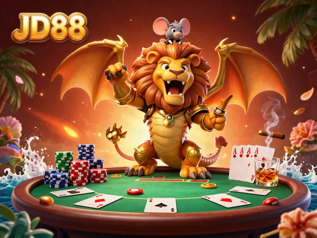 Experience the thrill of JD88 with an epic casino adventure featuring dramatic golden chimera and poker elements.