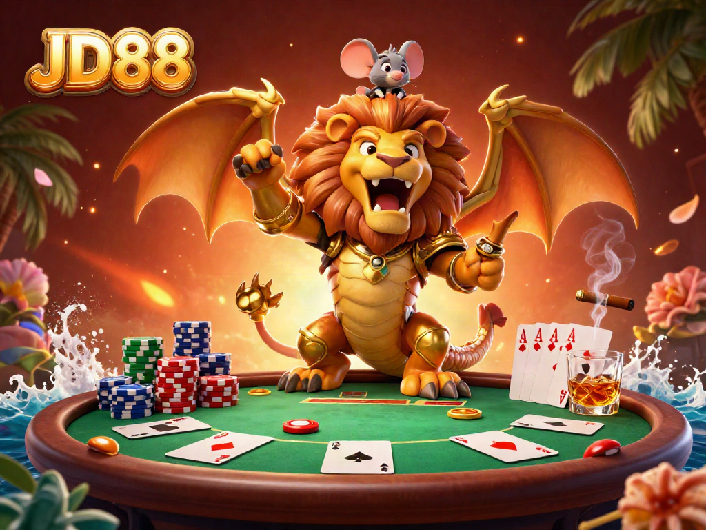 Experience the thrill of JD88 with an epic casino adventure featuring dramatic golden chimera and poker elements.