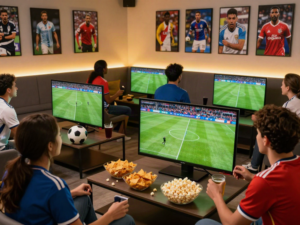 Thapcamtv viewers enjoying a live football match in a vibrant lounge.
