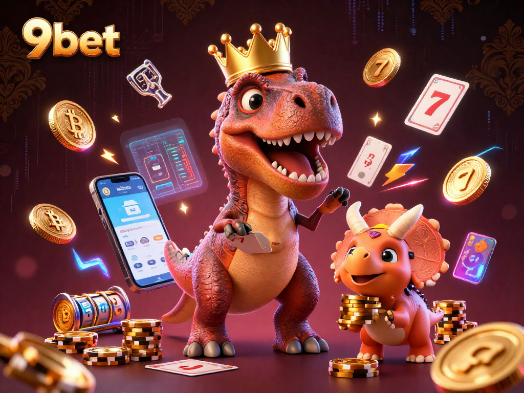 9bet showcases a friendly T-Rex shuffling cards with vibrant casino elements in a lively 3D casino scene.