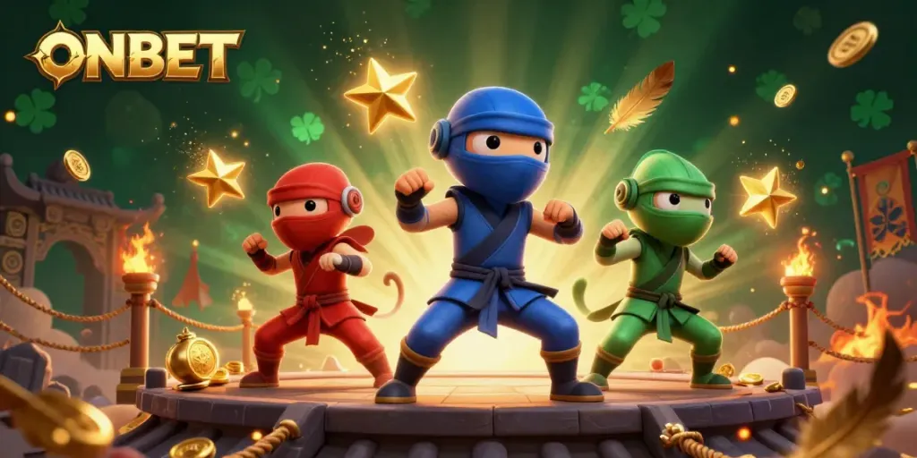 Engage with ONBET's dynamic chameleon ninjas amid a vibrant casino rooftop showdown.