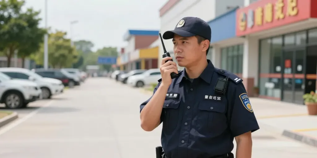 Trusted Security Guard patrolling local businesses for community safety.