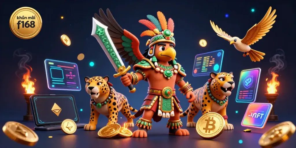 Engage with exciting khuyến mãi f168 offers through dynamic gaming scene featuring mythical Aztec characters and crypto elements.