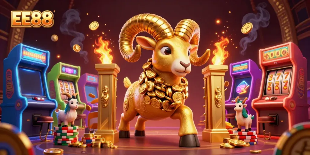 Experience the thrill of winning at EE88 with a vibrant casino scene featuring colorful game elements and a powerful ram.