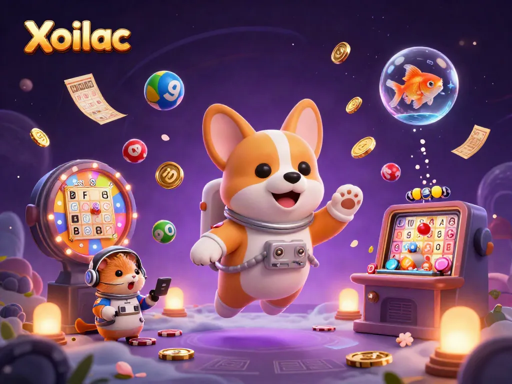 Engage with Xoilac's exciting gaming scene with a captivating illustration featuring a corgi and a hamster in a cosmic casino.