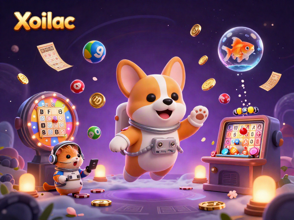 Engage with Xoilac's exciting gaming scene with a captivating illustration featuring a corgi and a hamster in a cosmic casino.
