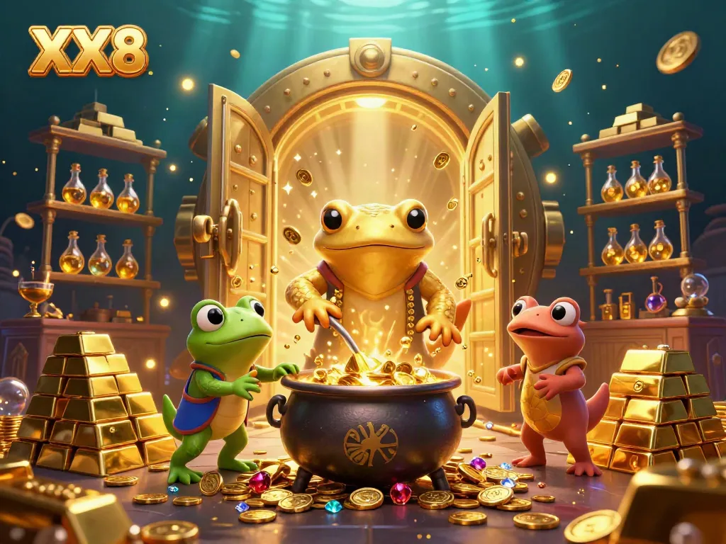 Experience the rich world of XX8 with animated characters transmuting gold amidst vibrant treasures.