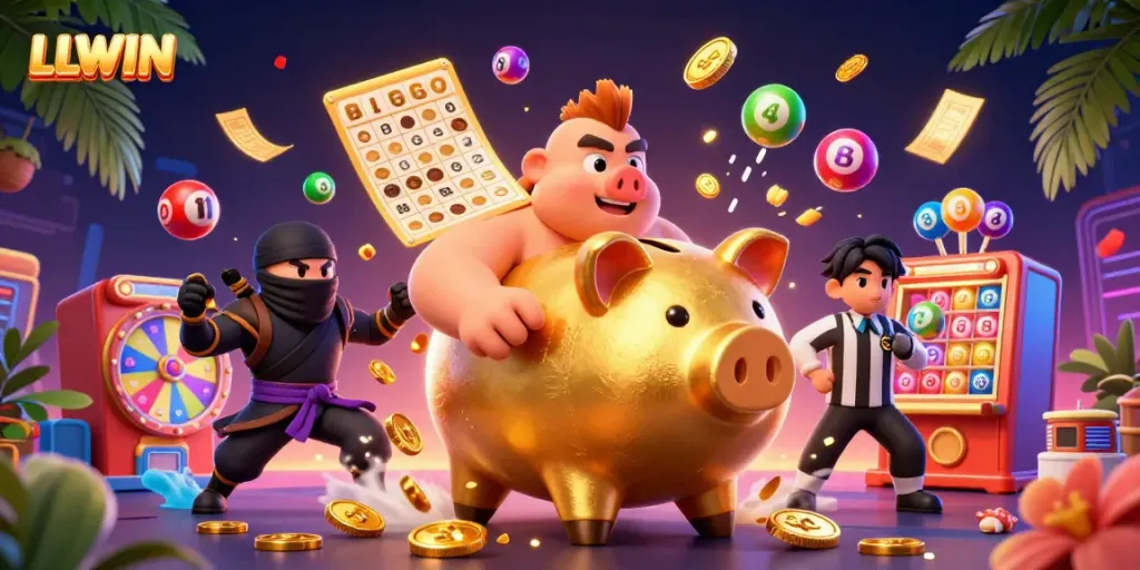 Play exciting games at LLWIN, featuring a golden piggy bank sumo wrestler and vibrant casino elements.