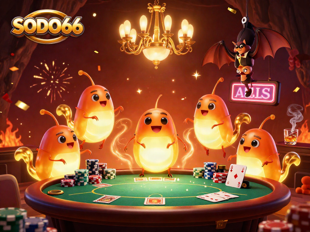 SODO66 glowworms illuminate a lively poker scene in a vibrant cave casino