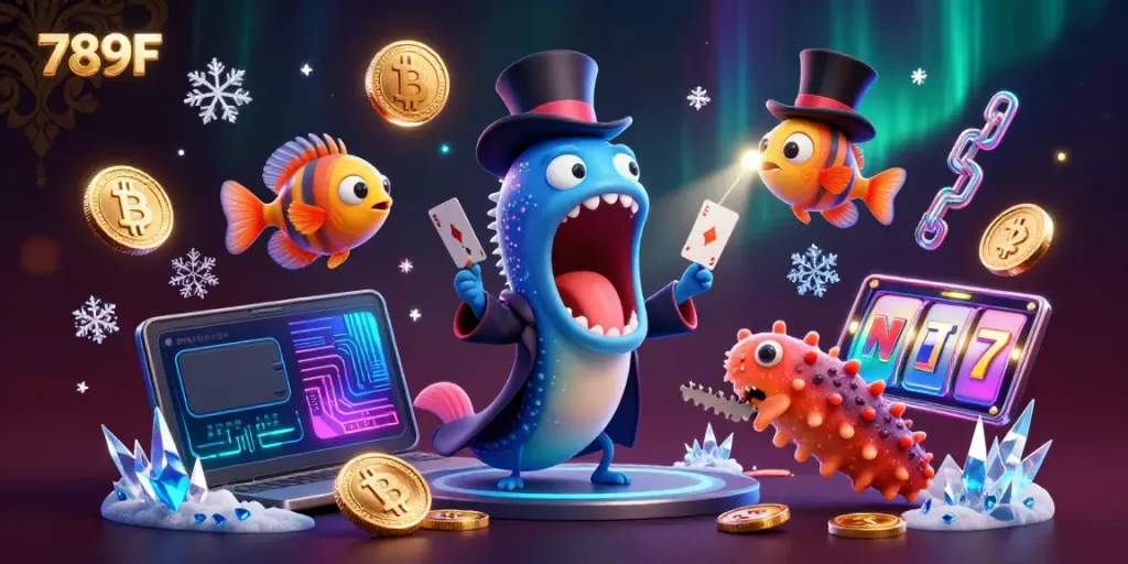 Experience thrilling card tricks with 789F at an underwater casino featuring vibrant characters and crypto elements.