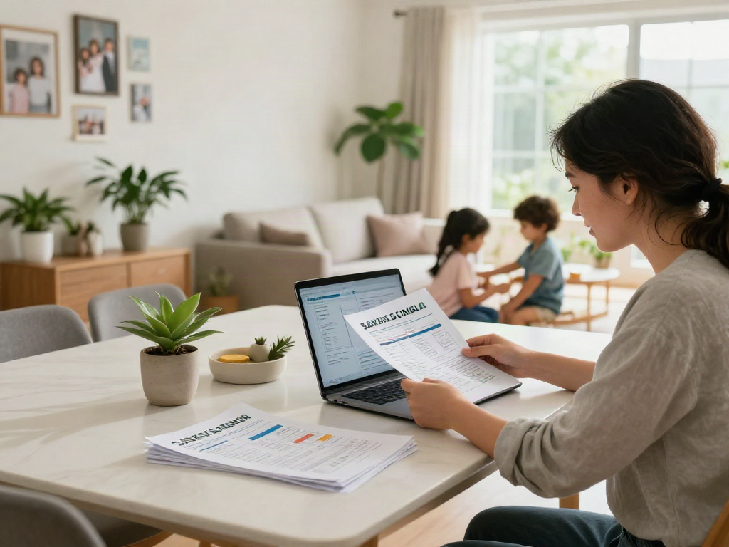 Family managing finances at home, focusing on savings and investment to deposit 10k.