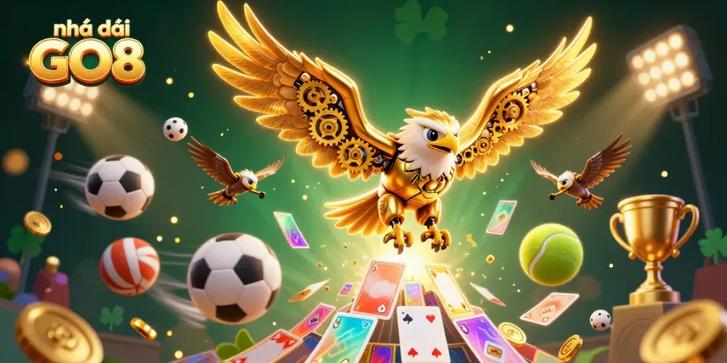 Experience thrilling wins at Nhà cái GO8 with an energetic 3D illustration of gaming excitement.