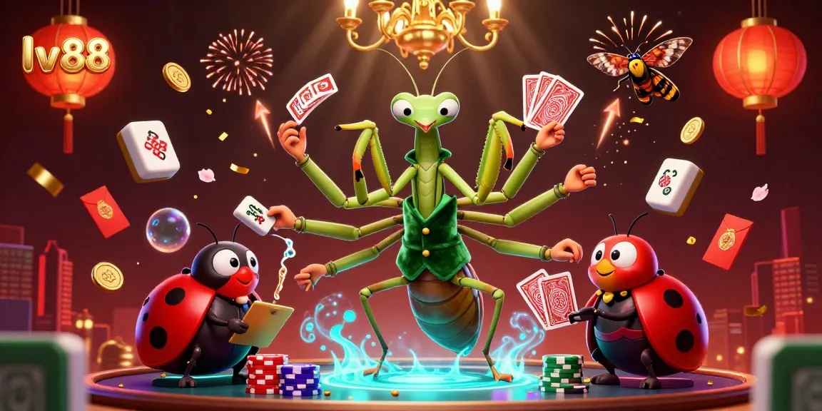 Experience vibrant gaming action in lv88 with a giant cartoon mantis card sharp and ladybug pit boss amidst dynamic casino elements.
