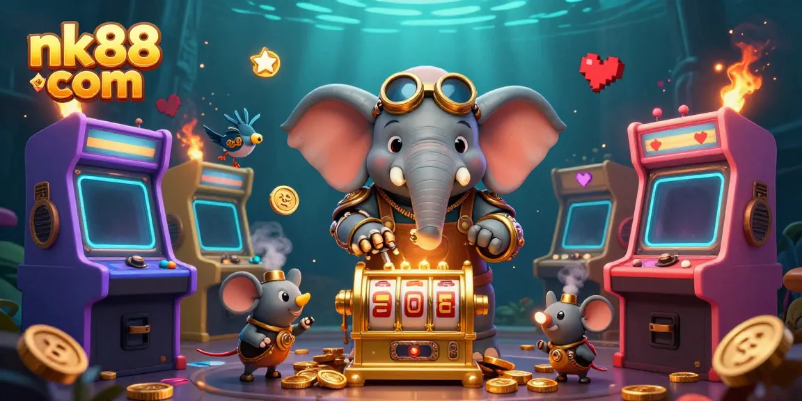 Experience the vibrant energy of nk88 com with a steampunk elephant engineer at a golden slot machine.