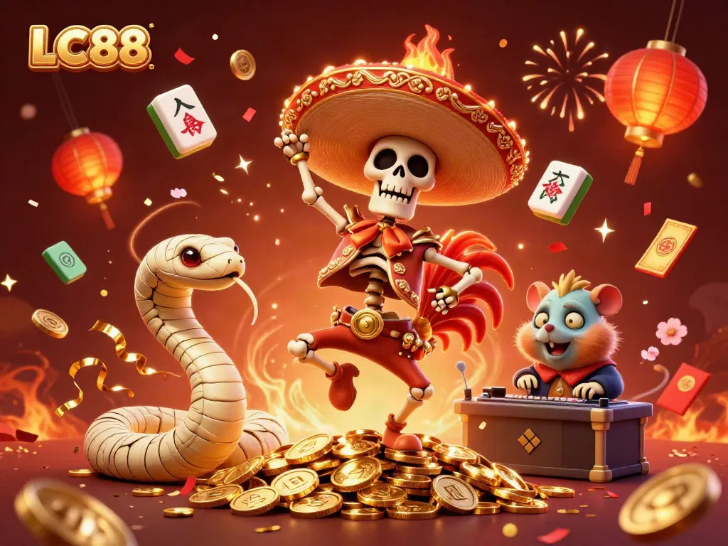 Experience the thrilling energy of LC88 with a festive 3D illustration featuring vibrant casino elements.