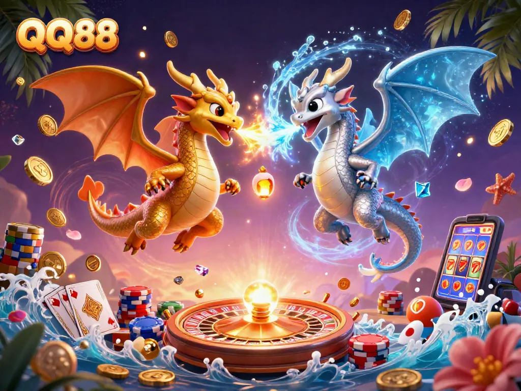 Engage with QQ88's thrilling experience, featuring vibrant dragons and dynamic casino elements.