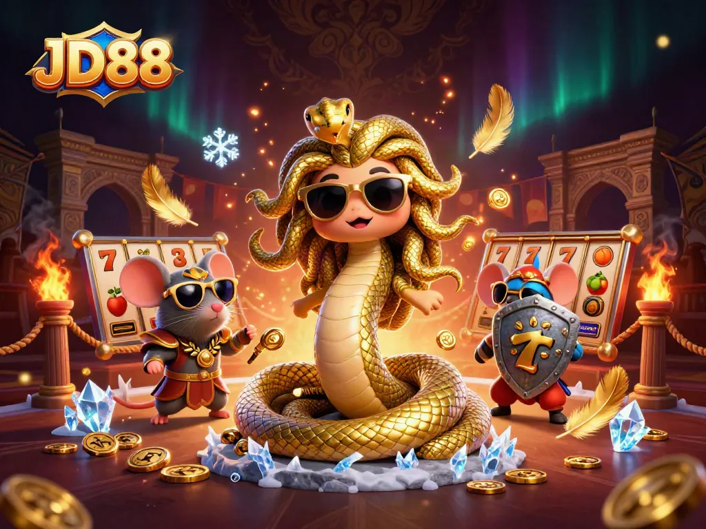 Experience JD88's vibrant casino world with Medusa and a warrior mouse in action.