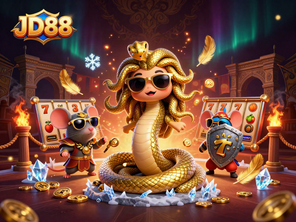 Experience JD88's vibrant casino world with Medusa and a warrior mouse in action.