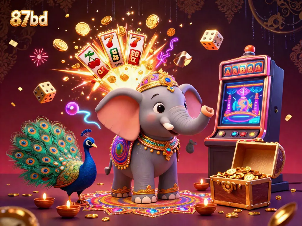 Experience the vibrant casino excitement with 87bd, featuring a colorful Diwali elephant and slot machine.