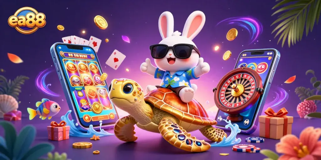 Experience excitement with ea88's cartoon lucky rabbit and golden turtle in a vibrant casino scene